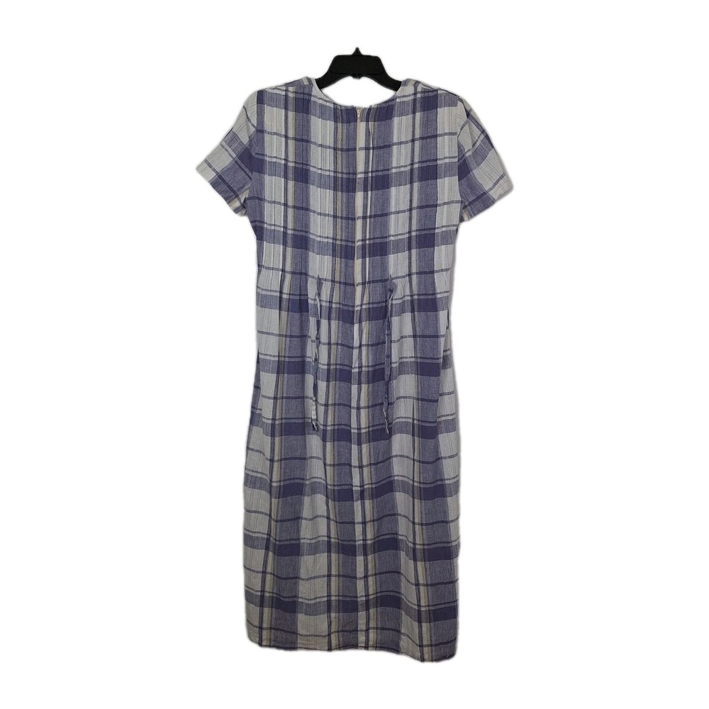 Vintage 90s Periwinkle White Plaid Linen Blend Dress 12 VTG Midi Cottagecore - Picture 12 of 16
